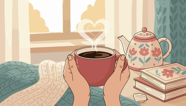 Cozy morning scene with hands holding a warm red mug of black coffee, steam forming a heart shape, next to a floral teapot and stack of books, evoking comfort and relaxation on a peaceful day.