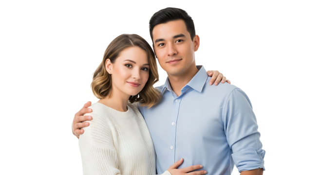 A happy couple poses closely, arms around each other, exhibiting affection and bond on a plain transparent background.
