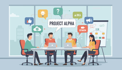 Modern business meeting in a bright office with diverse team members collaborating on Project Alpha, using laptops and discussing ideas via speech bubbles featuring icons for lightbulb, question