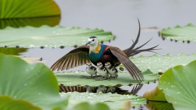 Lily trotter with chicks on a lily pad in a pond, wings spread wide