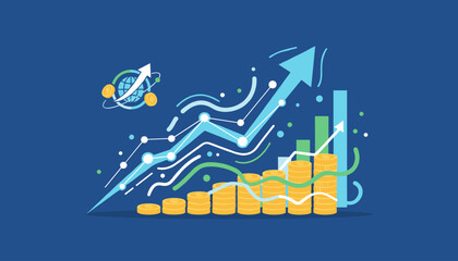 Vibrant illustration depicting financial growth with a rising blue arrow graph, stacks of golden coins, and bar charts against a deep blue background, symbolizing economic progress and business
