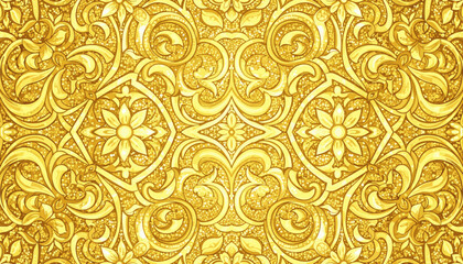 Intricate and luxurious golden mosaic glass background featuring ornate floral patterns and swirling arabesque designs, creating a rich and opulent texture with a shimmering, glittering effect