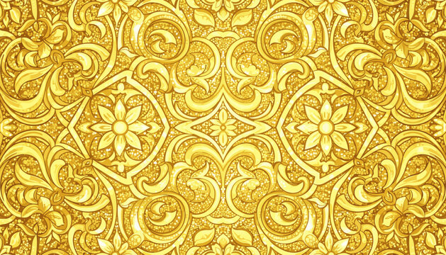 Intricate and luxurious golden mosaic glass background featuring ornate floral patterns and swirling arabesque designs, creating a rich and opulent texture with a shimmering, glittering effect