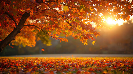 Golden autumn sunlight bathes a park lawn carpeted with vibrant fallen leaves under a tree