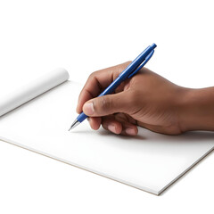 A single, simple hand holding a pen, poised to write, isolated on a clean white background