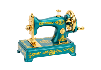 Antique teal and gold decorative sewing machine detailed ornate craftsmanship art piece isolated on transparent background