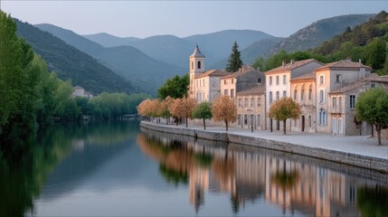 Fototapeta premium Serene Lakeside European Town at Dawn with Stone Buildings and Tree Lined Promenade Reflecting Calm Water and Green Hills