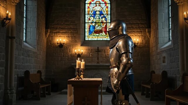 Knight in shining armor kneels in prayer at candlelit chapel altar with stained glass windows then rises holding sword ready for battle. Medieval warrior faith and duty animation sequence.