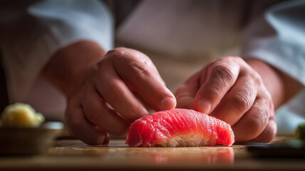 寿司職人が握る鮪の握りの手元アップの光景