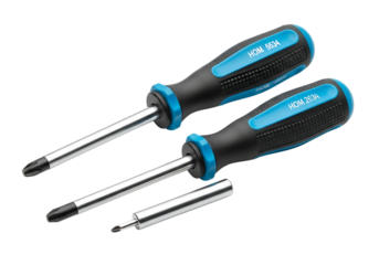 Two blue handled screwdrivers and a bit tool set for repair and construction projects isolated on transparent background