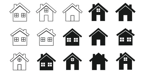 Assorted house icons in black and white showcasing different architectural home designs