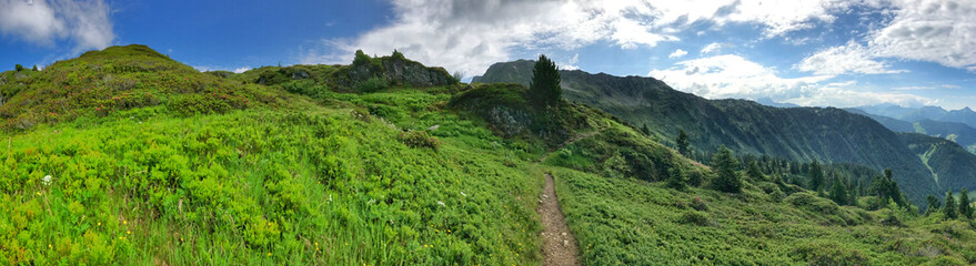 Wide panoramic view of lush green mountain landscape under a sunny sky