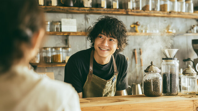 カウンター越しに微笑む日本人バリスタのシーン