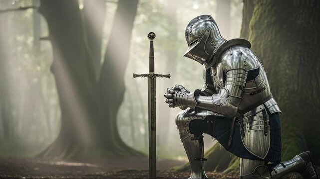 Knight kneeling in prayer with sword planted in misty forest ground. Male warrior in shining armor reflects in medieval fantasy scene. Mystical woodland moment animation sequence