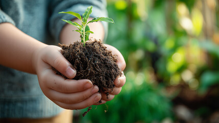 子供の手に育つ未来の苗の光景