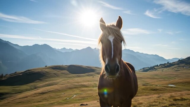 A majestic brown horse stands in a sunlit mountain meadow, with a clear blue sky and distant peaks in the background