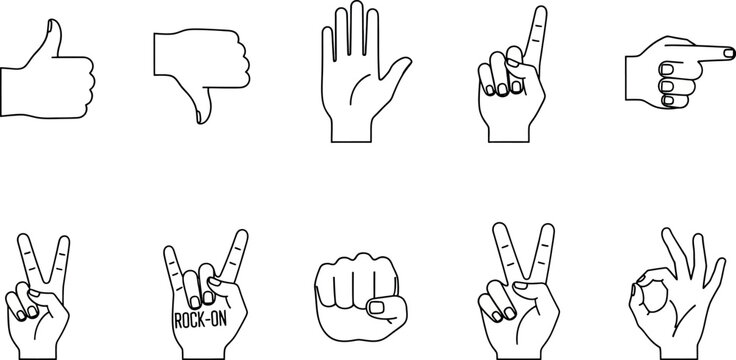 Vector art of collection of ten hand gesture icons, including thumbs up, thumbs down, open palm, pointing finger, and more