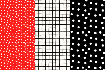Vector seamless pattern set with dots and lines in red, white and black colors, Checked and spots backgrounds © dollitude