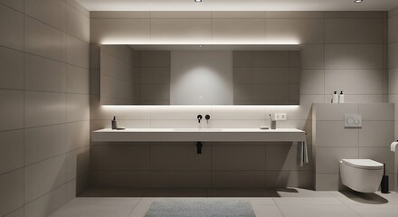 Modern Bathroom Design with Illuminated Mirror and Minimalist Fixtures.