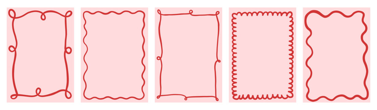 Retro coquette vector ribbon frames in red and pink colors, whimsical wavy borders for Christmas, Valentine's Day menus, greeting cards and invitations