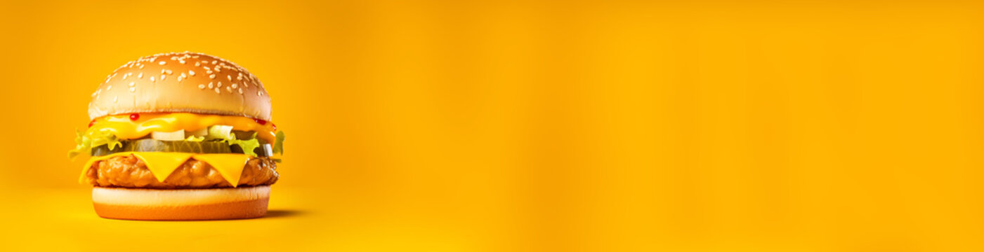 a large hamburger with cheddar cheese on yellow background. Banner for design with copy space. king size burger close up yellow food banner