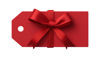 Red Gift Tag with Satin Ribbon Bow on White Background
