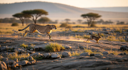 Stunning cheetah chases hare across sunlit savanna landscape at golden hour, capturing raw power and survival instincts in the wild.