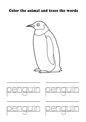 Learning Worksheet Emperor Penguin Coloring Tracing Aquatic Animal