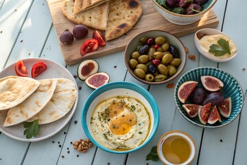 Top view of delicious mediterranean food with pita bread and fresh figs