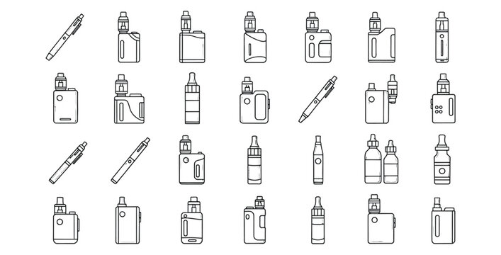 Collection of various vape devices and ecigarette designs in a simple outline style