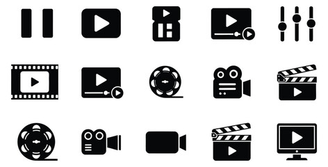 Collection of black and white film and video icons representing movie production tools