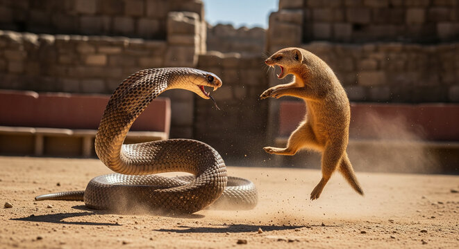 Fierce mongoose leaps into action against a striking cobra in dusty desert arena, capturing raw nature's dramatic battle for survival.