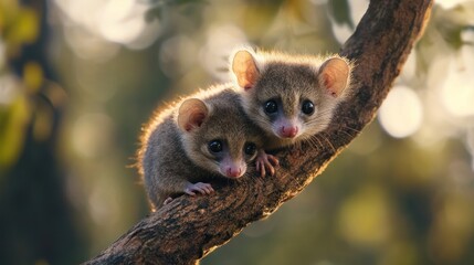 Fototapeta premium Two small animals perched on branch
