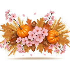 Autumn abundance with pumpkins, leaves, acorns, and blossoms