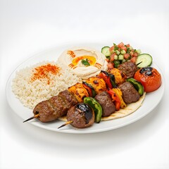 Savory grilled kebabs, rice, and hummus plate