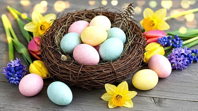 Pastel Easter eggs in a rustic nest with vibrant spring flowers on wooden planks