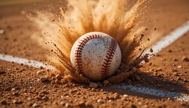 Baseball exploding dirt on impact. Close-up of ball on a baseball field