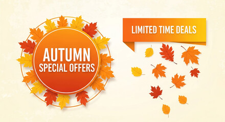 Autumn special offer in orange circle with leaves. Concept of seasonal sale, promotion, and limited time deal, ideal for marketing, advertising, free space