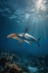 Fototapeta premium Hammerhead shark in the underwater world. Observing ocean wildlife.