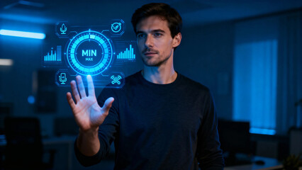 Man interacting with futuristic holographic interface in a high-tech environment