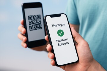 Modern user proudly completes secure contactless mobile payment, smartphone displaying successful transaction while scanning QR code for future financial convenience