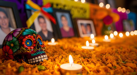 Dia de los muertos altar with sugar skull and lit candles