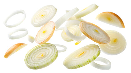 Onion slices flying cut out on PNG. AI GENERATED.