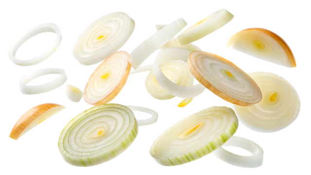 Onion slices flying cut out on PNG. AI GENERATED.
