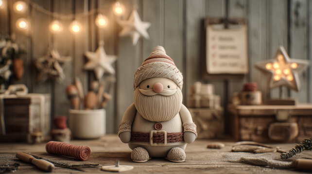 サンタ工房の作業台に座る粘土サンタ、小さな道具と灯りの気配のシーン