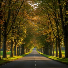 Fototapeta premium Scenic Autumn Road - A Tunnel of Trees in Golden Light.