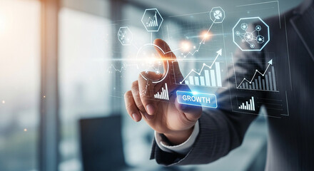 Close-up of a finger touching digital interface with graphs and icons, representing business advancement, progress, and technological innovation