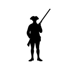 Naklejka premium Silhouette of Revolutionary War Soldier with Musket, Historical Figure Vector Art, American Patriot Icon