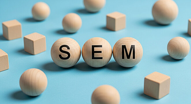 Wooden spheres spelling sem surrounded by wooden cubes and spheres on a light blue background for search engine marketing concepts