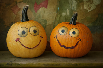 Smiling Cartoon Pumpkins on Rustic Surface &ndash; Whimsical Autumn Pair.